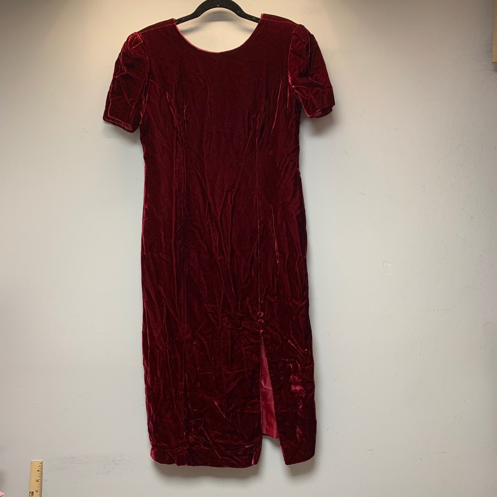 Petite Lanz Velvet Dress Womens 10P Red Excellent Vintage Short Sleeve Slit 1870